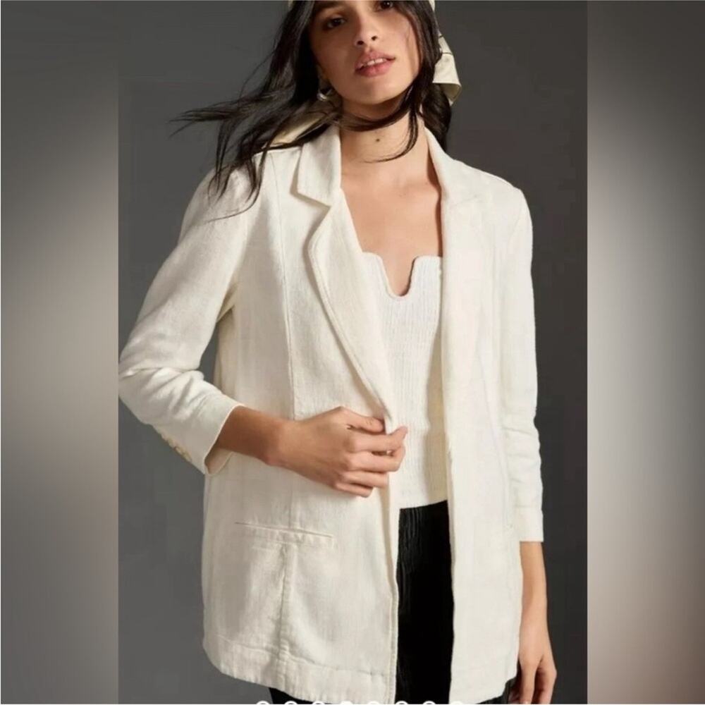 By Anthropologie White Linen Tulip Hem Relaxed Blazer 0 / XS